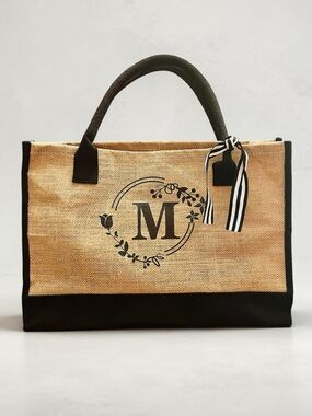 Monogrammed Jute Tote Bag with Black Trim - Initial M